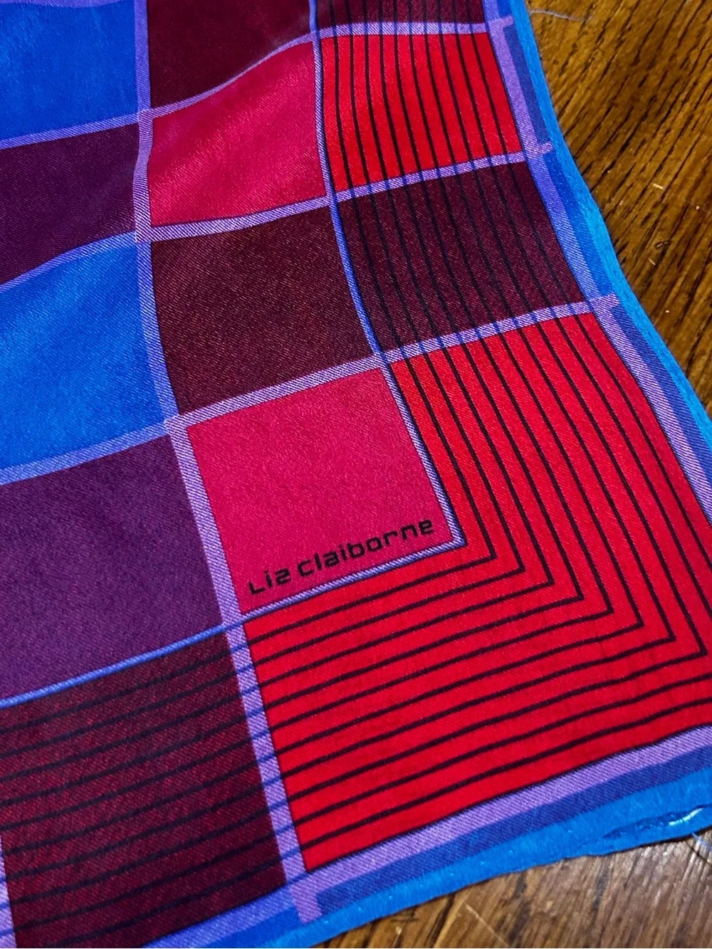Liz Claiborne Silk Geometric Plaid Oblong Scarf Red Blue Purple Retro Fall Scarf